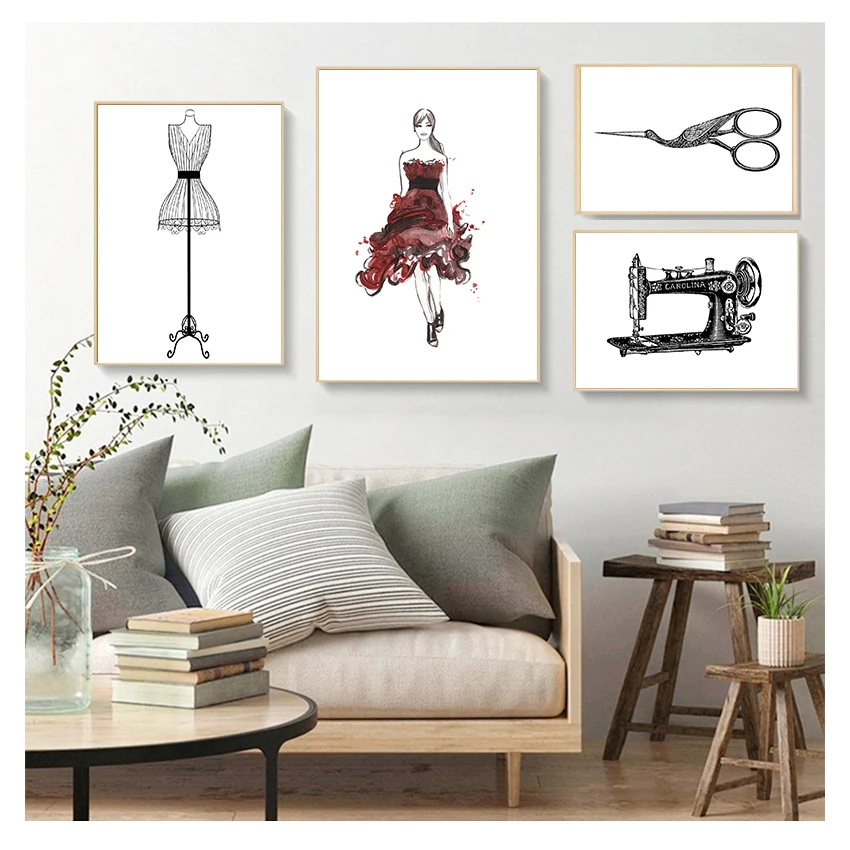 Picture Room Wall Decor , Vintage Fashion Sewing Machine Poster Model Mannequin Canvas Painting Sewing Print Fashion Wall Art