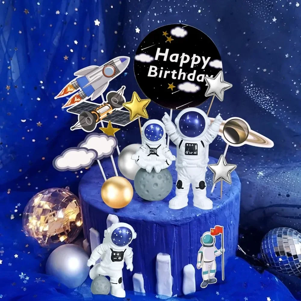 22pcs Space Cake Toppers Decorations DIY Astronaut Figurines Rocket Stars Cake Topper Outer Space Theme for Kids Birthday Party