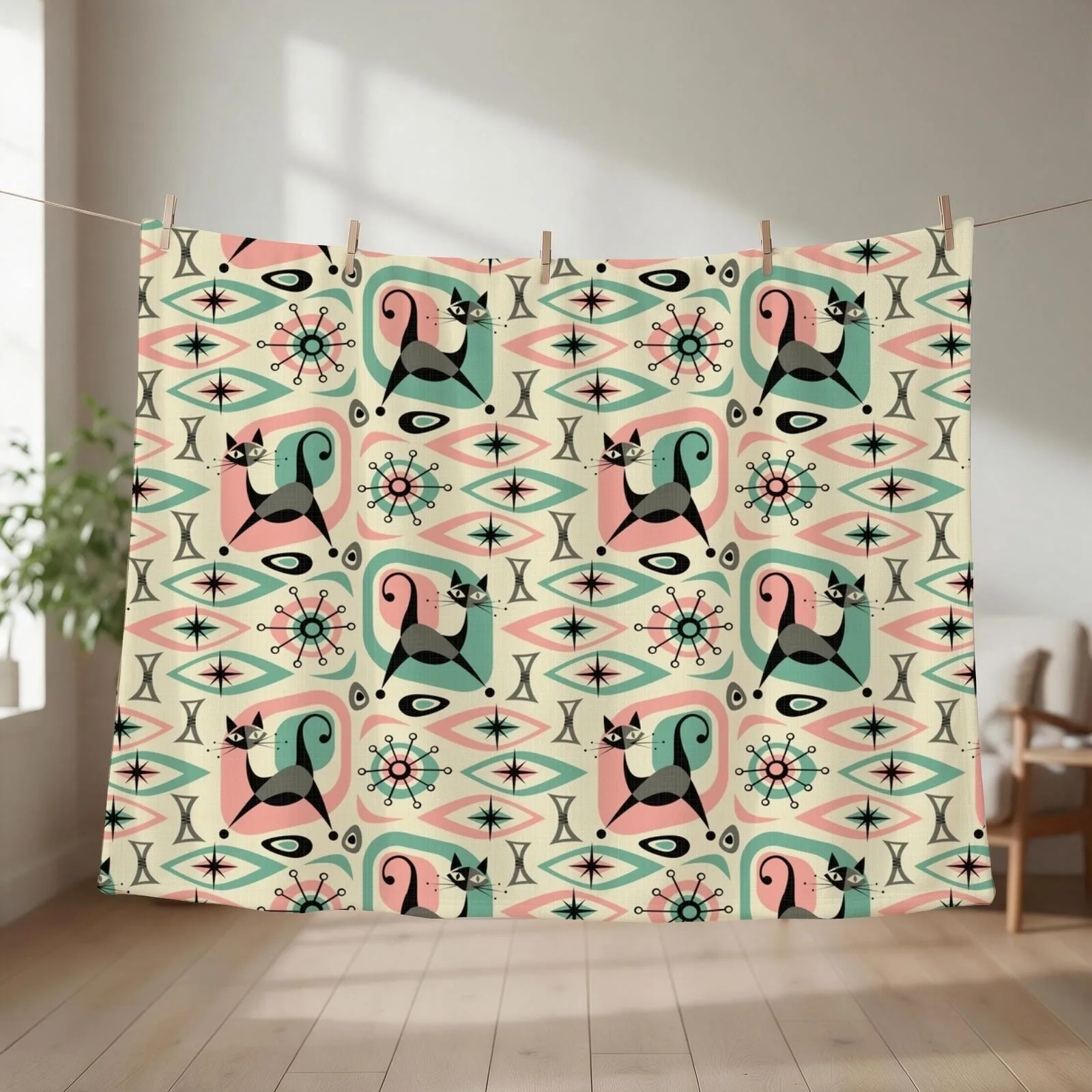 Mid Century Cat Abstract Throw Blanket couch cozy soft plush fuzzy picnic outdoor blanket
