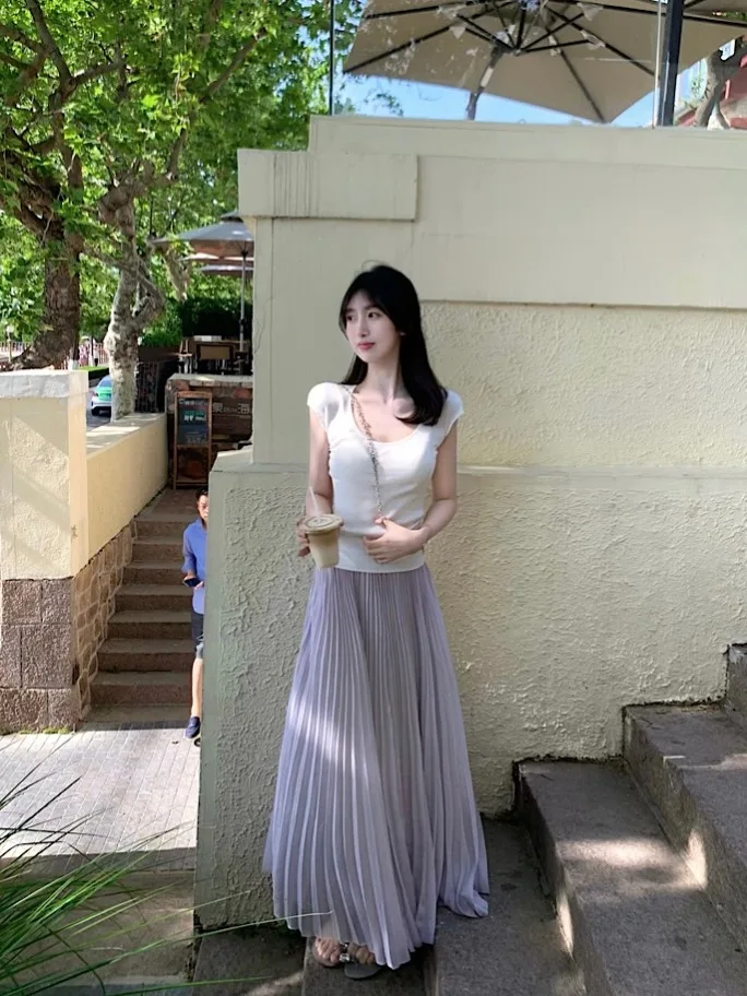 Kumikumi Gentle Wind Set Pure Color Short Sleeve Women's T-Shirt Summer High Waist Slimming Half Skirt Two-Piece Ensemble