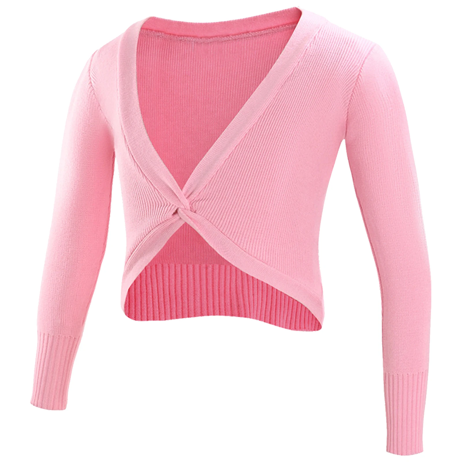 Kids Girls Solid Color Ballet Gymnastics Wrap Tops Long Sleeve Ribbed Trim Twist Knot Pullover Knitted Cardigan Top for Dancing