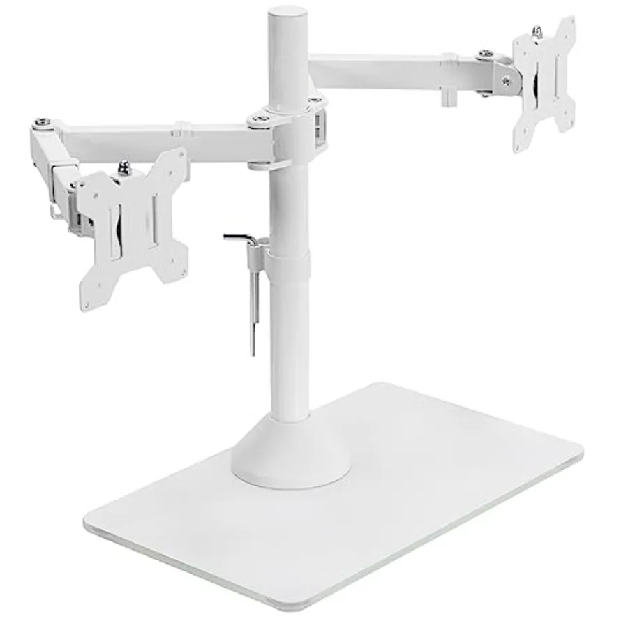 Freestanding dual monitor stand for office use, tempered glass base, white, supports two 32-inch screens up to 22 lbs each with