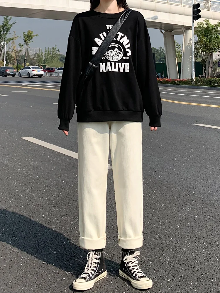 

High Waist Wide Leg Fce Lined Loose Straight Cut Jeans Women's plus Size Long Trousers Autumn Winter Spring Cotton Polyest...
