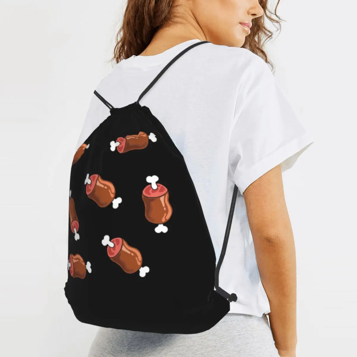 Simple Anime Manga Meat Backpacks Portable Drawstring Bags Sports Bag Book Bags for Travel School