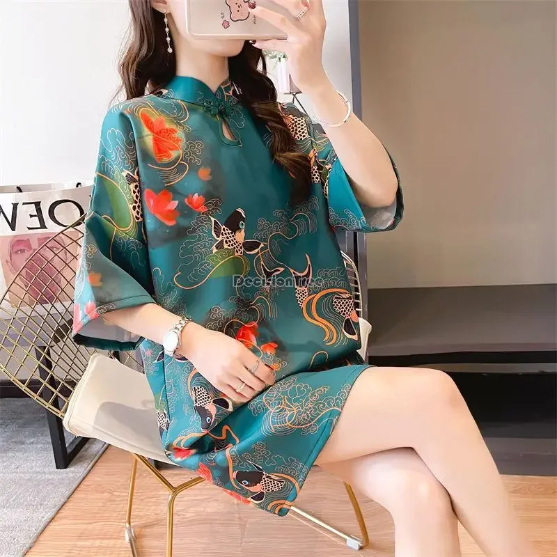 

Loose Cheongsam for Women, Long T-Shirt Dress, Elegant Oriental Short Costumes Traditional Chinese Cheongsam Half Sleeve Printin