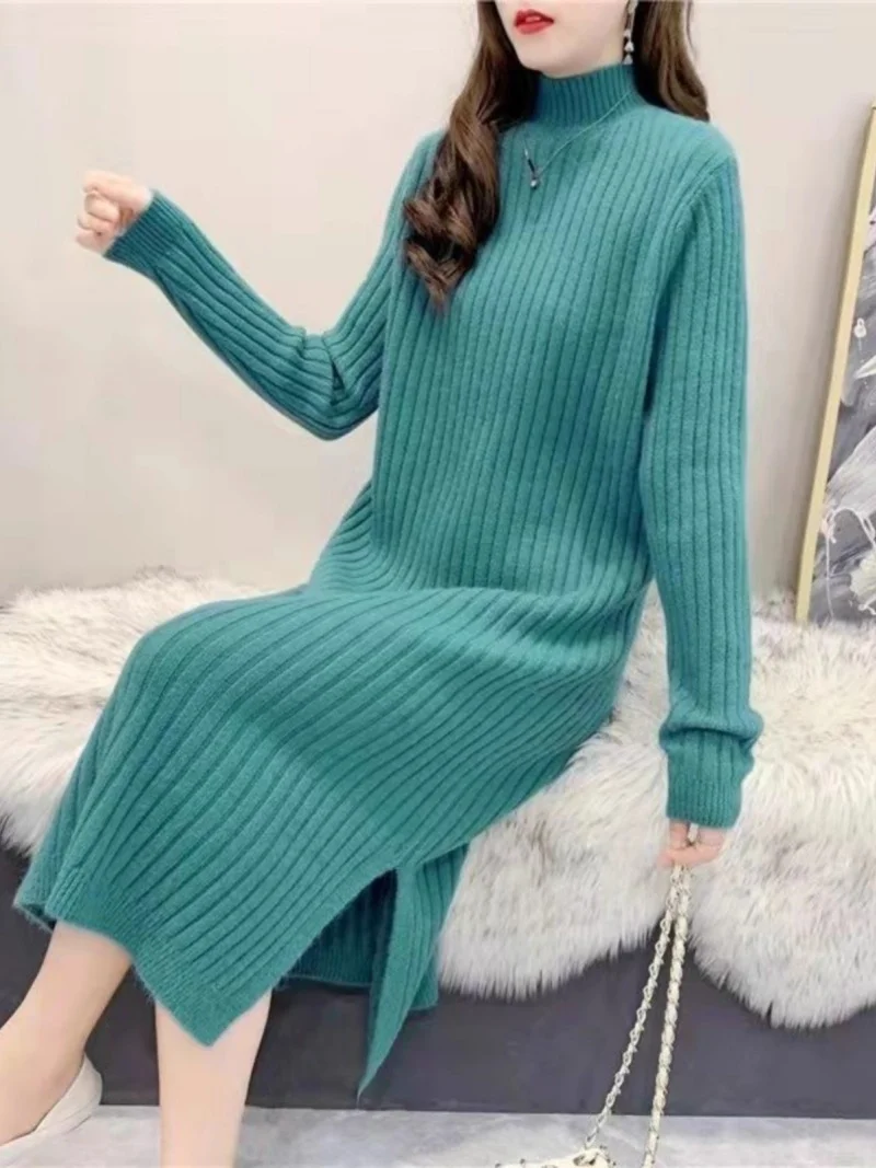Jesienno-zimowa nowa sukienka z grubego dzianiny dla kobiet Luźna średnia do długa sukienka z półwysokim kołnierzem W311