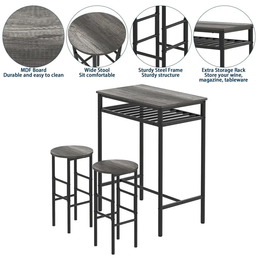 Juego de mesa de comedor de roble negro de 3 piezas, barra de madera de Metal, cocina superior alta, taburetes de altura para mostrador de Pub y Bistro, diseño Industrial moderno