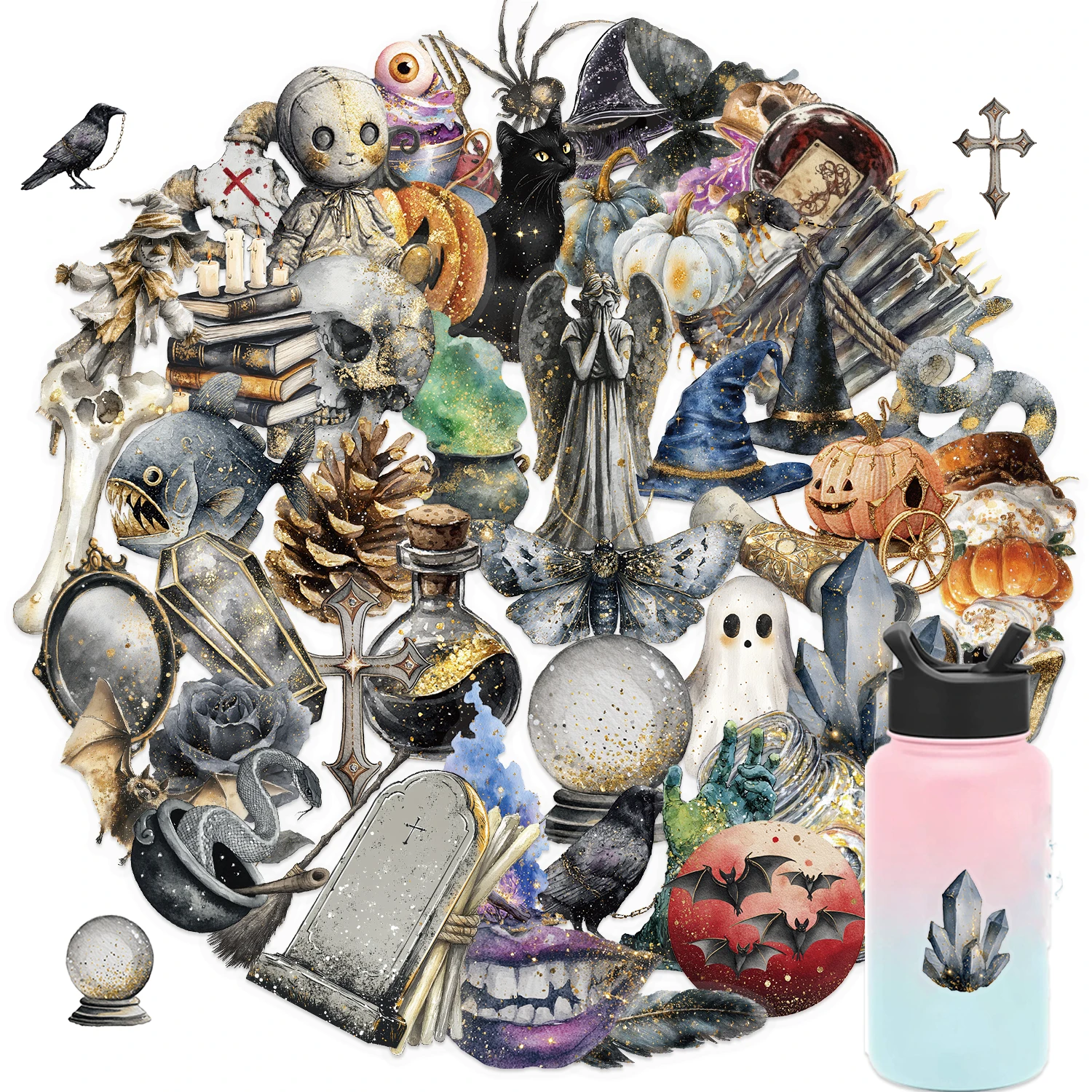 50 pièces Transparent horreur gothique crâne sorcière autocollants Halloween sorcière autocollant bricolage Scrapbooking téléphone bagages étanche décalcomanies