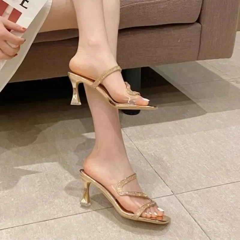 Sandalias de lujo con diamantes de imitación de PVC, Sandalias con punta abierta para verano, zapatos sexis de tacón alto para mujer, Sandalias concisas sin cordones para vestido de fiesta