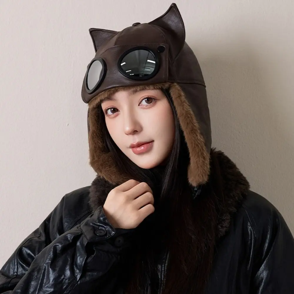 Soft Windproof Winter Pilot Hat With Goggles Beanie Pu Cycling Lei Feng Hat Ear Protection Thickened Earflap Cap Hiking