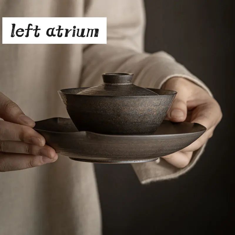 

140ml Retro Rust Glaze Ceramic Tea Tureen Chinese Tea Maker Non-hot Gaiwan Handmade Coarse Pottery Tea Bowl Creative Teaware Set