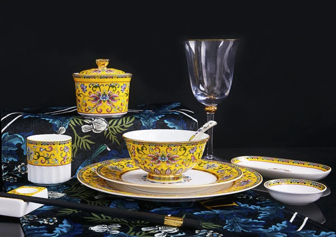 Imperial enamel tableware set, ceramic bowls, plates, and water cups for home use