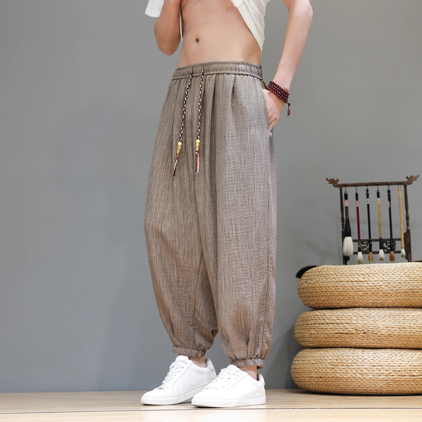 Calças Cargo Baggy Estilo Yamamoto para Homens, Calças Tradicionais de Perna Larga 6XL, Vintage, Verão, Seda de Gelo, Respirável, Calças Masculinas