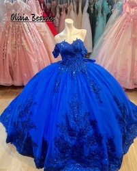 Fantastic King Blue 15 Year Old Quinceanera Dress Lace Applique Off The Shoulder Ball Gown Birthday Dress Luxury Bow Customized