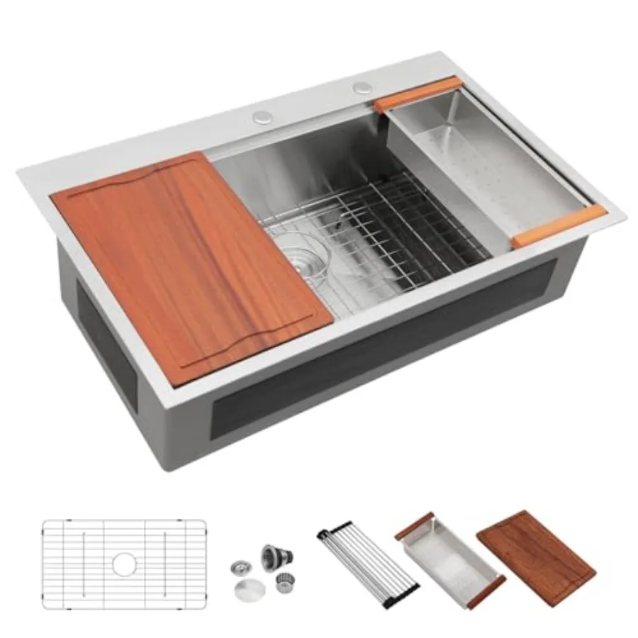 

36 Kitchen Sink Drop In Extra Large Kitchen Sink with Ledge Workstation 16 Gauge Stainless Steeel Topmount Sinks Single Bowl