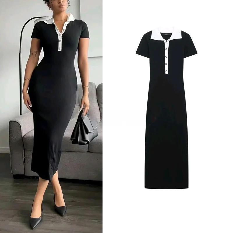 Vestido de malha longo de manga curta com blocos de cores para mulheres, estilo casual para o dia a dia, com gola , cintu...