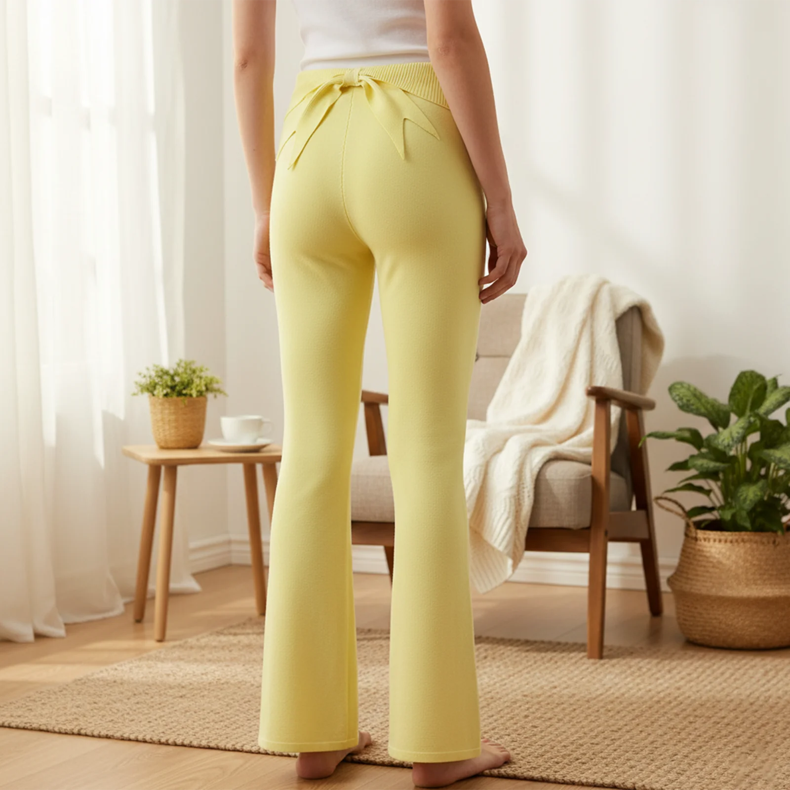 

Women Spring Summer Knitted Flared Pants Fashionable Solid Color Slim Fit Low Waisted Trousers for Casual Occasions Work