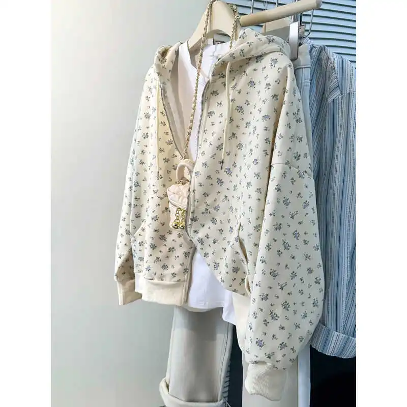 

European and American Style Zipper Cardigan Hooded Sweatshirt Women's Spring and Autumn Thin Loose Pocket Jacket Female Clothing