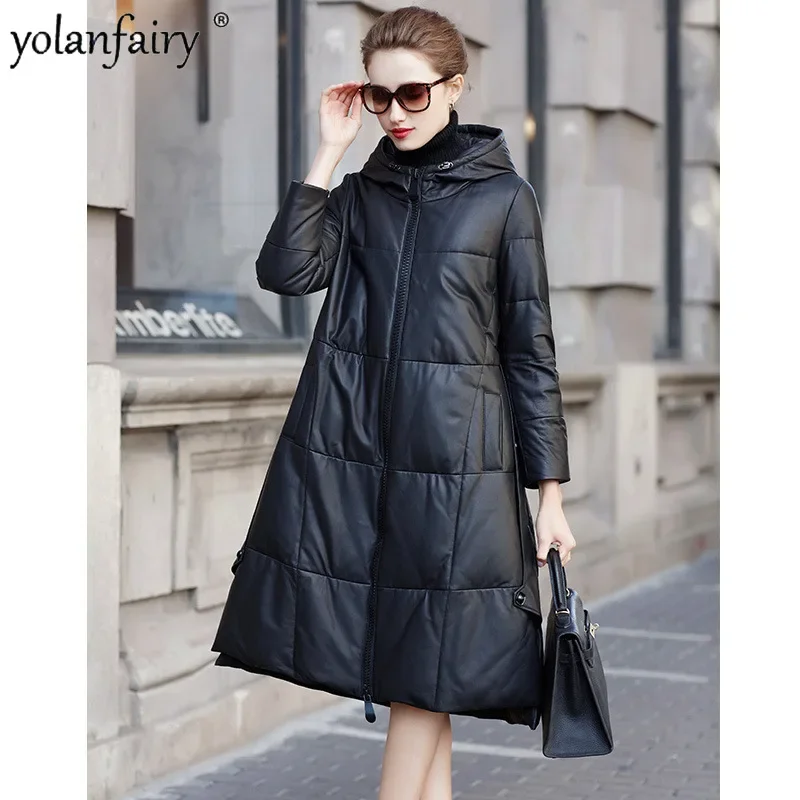 2023 Winter neue Damen Schaffell Leder Daunen jacke mittellange Kapuze lose A-Linie Ledermantel für Frauen Doudoune Femme