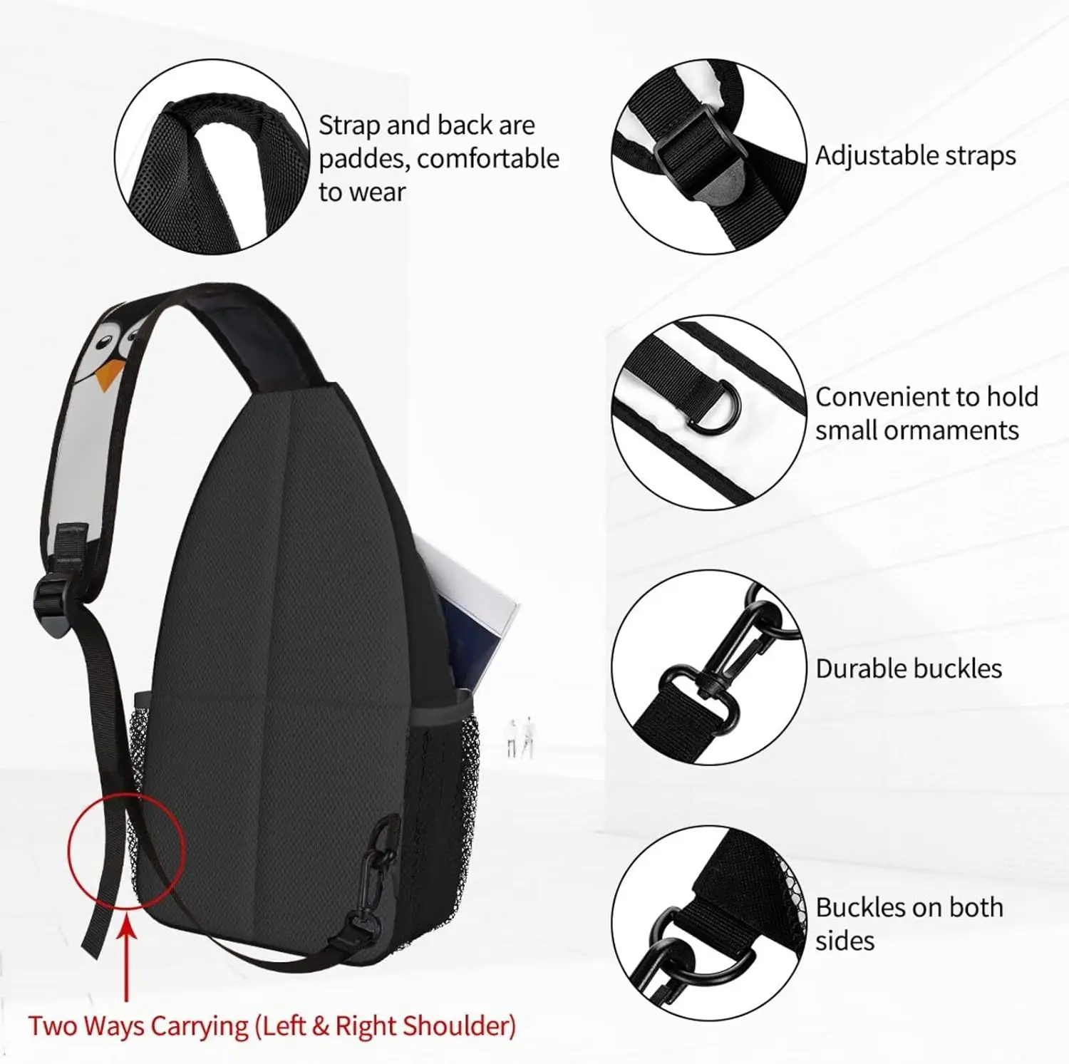 Funny Penguin Face Sling Backpack Chest Bag Crossbody Shoulder Bag Gym Cycling Travel Hiking Daypack For Men Women