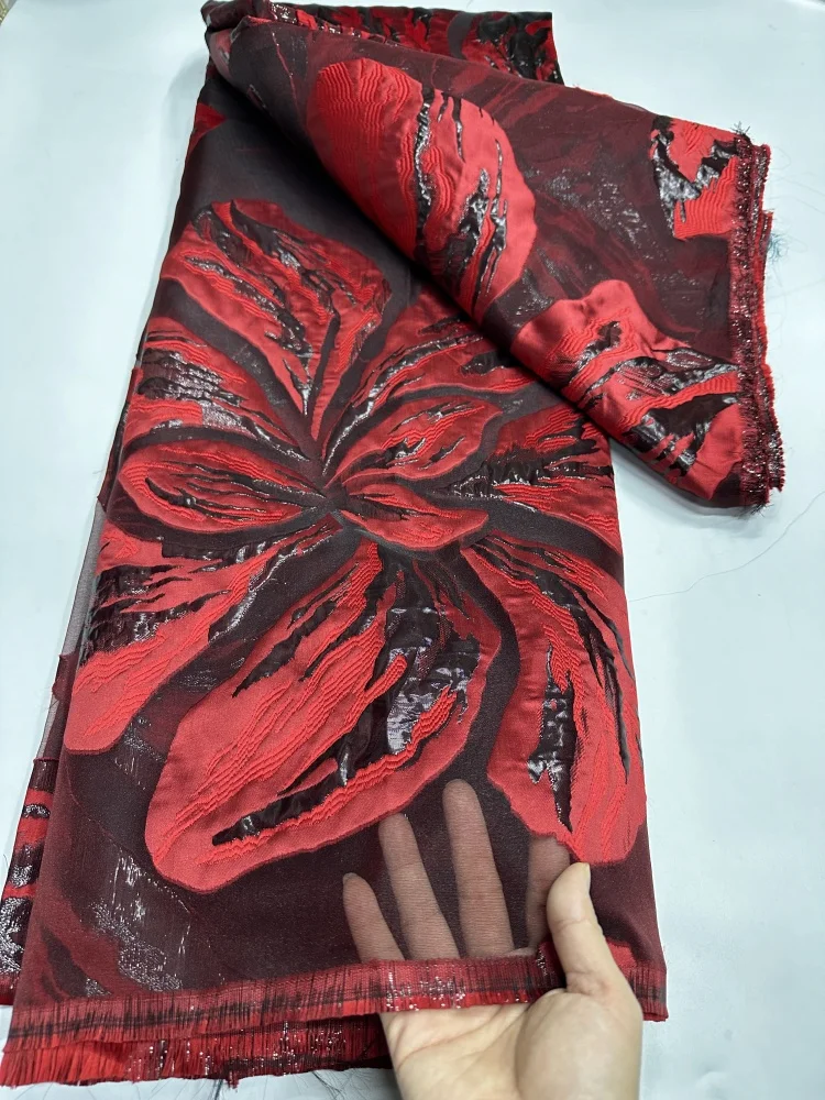 Hot Sale Rose Red African FrenchStyle Luxury Brocade Fabric High Quality 2025 for Sewing Evening Prom Women Dresses by 180 inchs