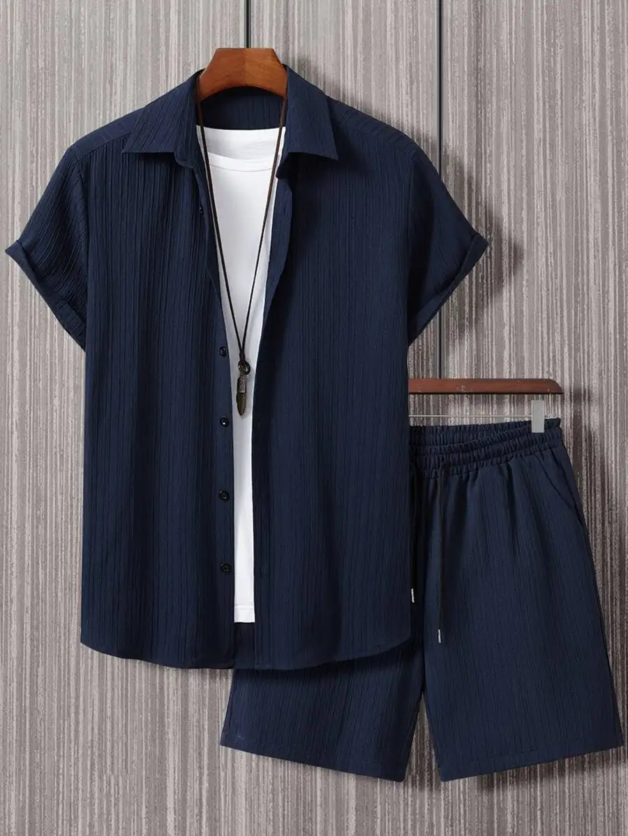 Manfinity Homme Men's Simple Solid Color Shirt And Shorts Set, Cozy Outfits