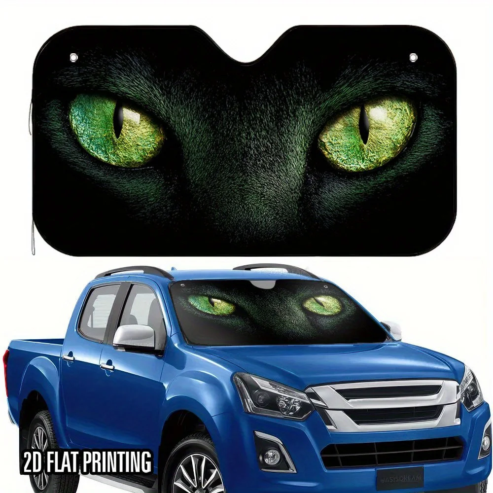 1pc 2D Flat Green Cat Eyes Design Car Sunshade – Stylish Efficient, Includes 4 Suction Cups, Foldable for Convenience