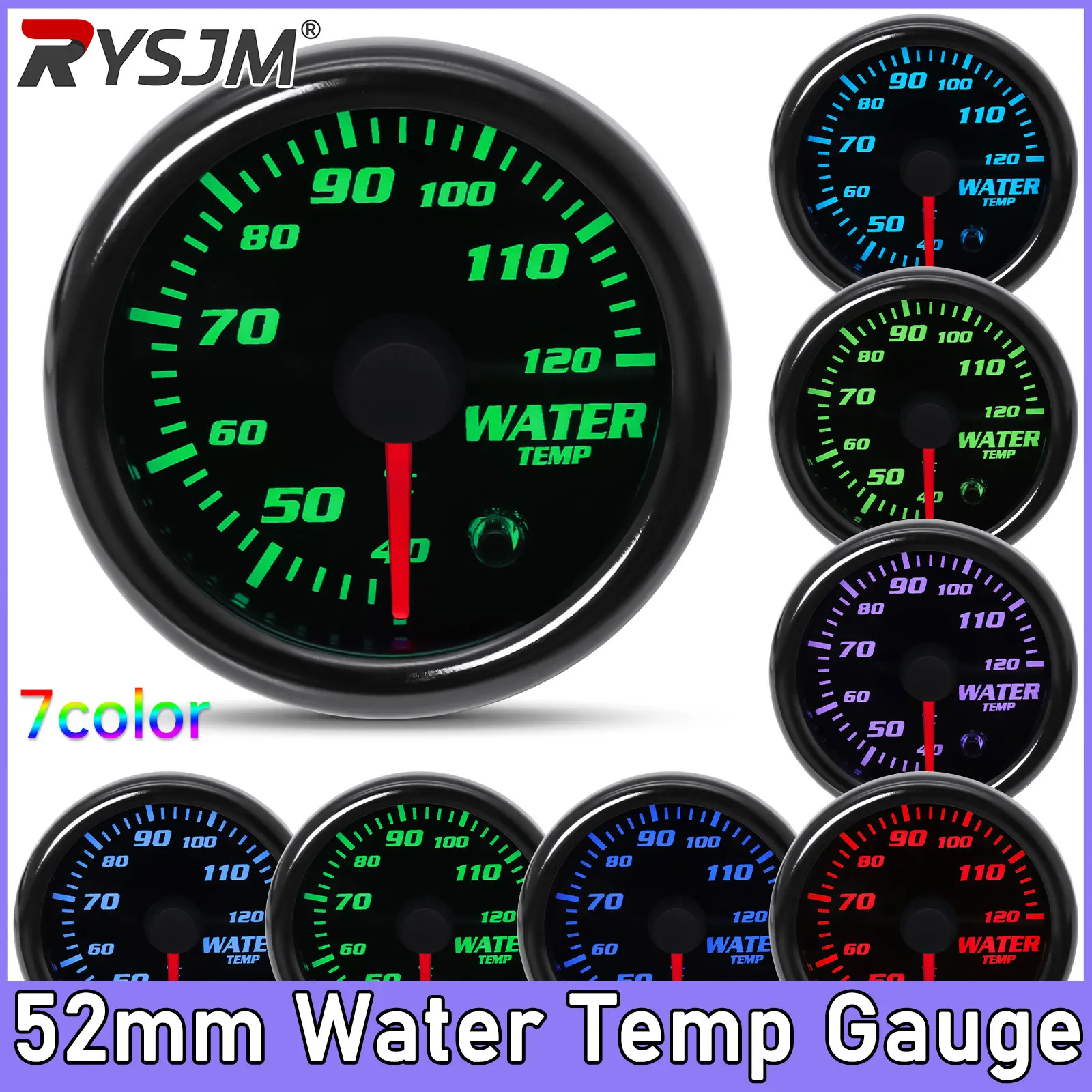 40-120 Celsius Degree 52mm Water Temp Gauge with Water Temperature Sensor 7 Color Backlight  LED Smoke Face 12v Car Meter