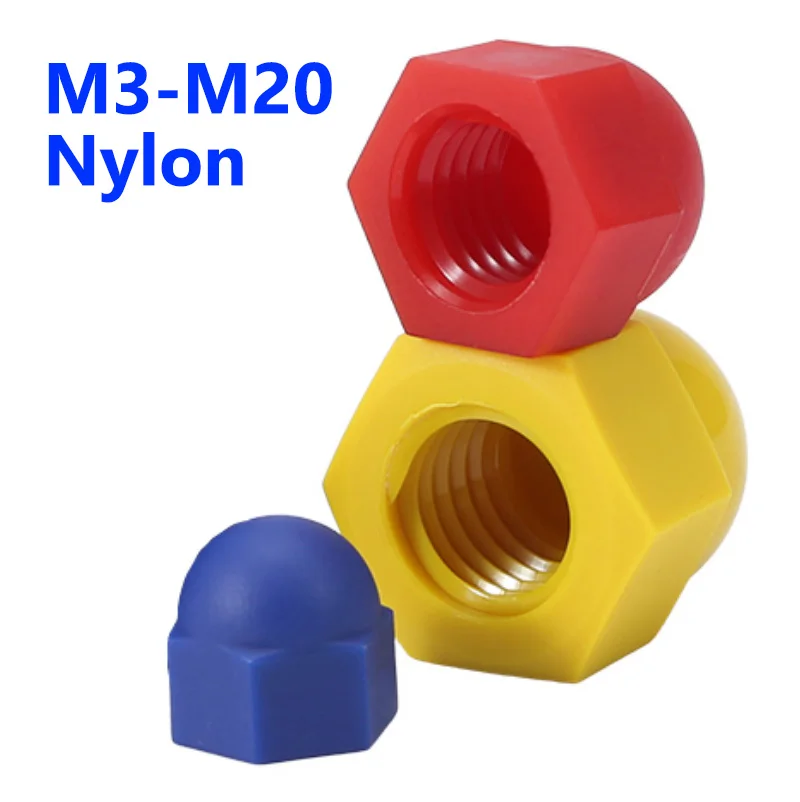 M3 M4 M5 M6 M8 M10 M12 M14 M16 M18 M20 Tapa de nailon roja/amarilla/azul Tuercas hexagonales Cubierta de plástico Tuercas semicirculares Tapa Tuercas de nailon
