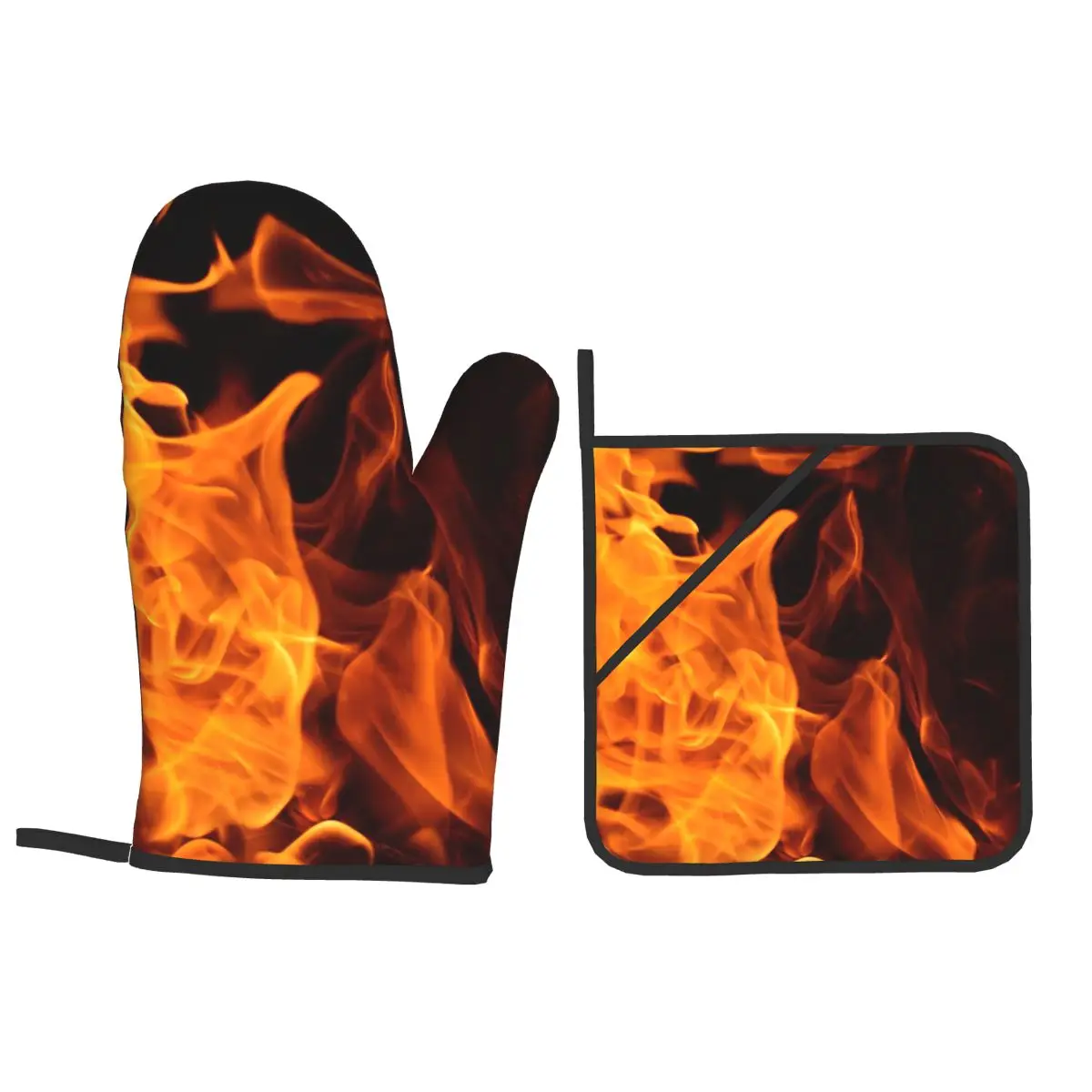 Burning Fire With Sparks Oven Mitts and Pot Holder Sets of 4 for Baking Kitchen Cooking BBQ Resistant Non-Slip Gloves