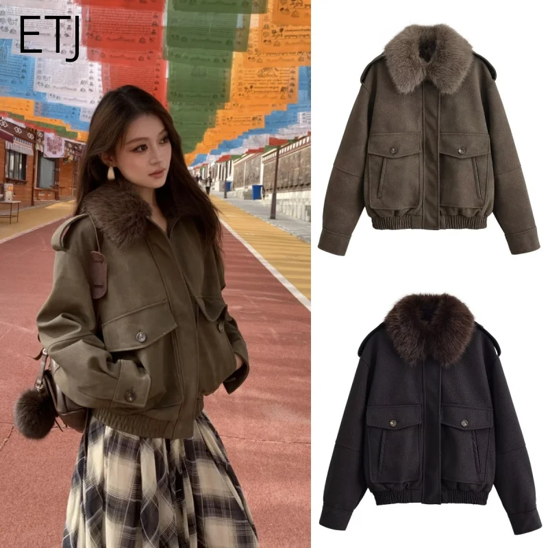 

ETJ 2025 women's new fashion can take off imitation fur collar large pocket loose version imitation leather jacket casual coat