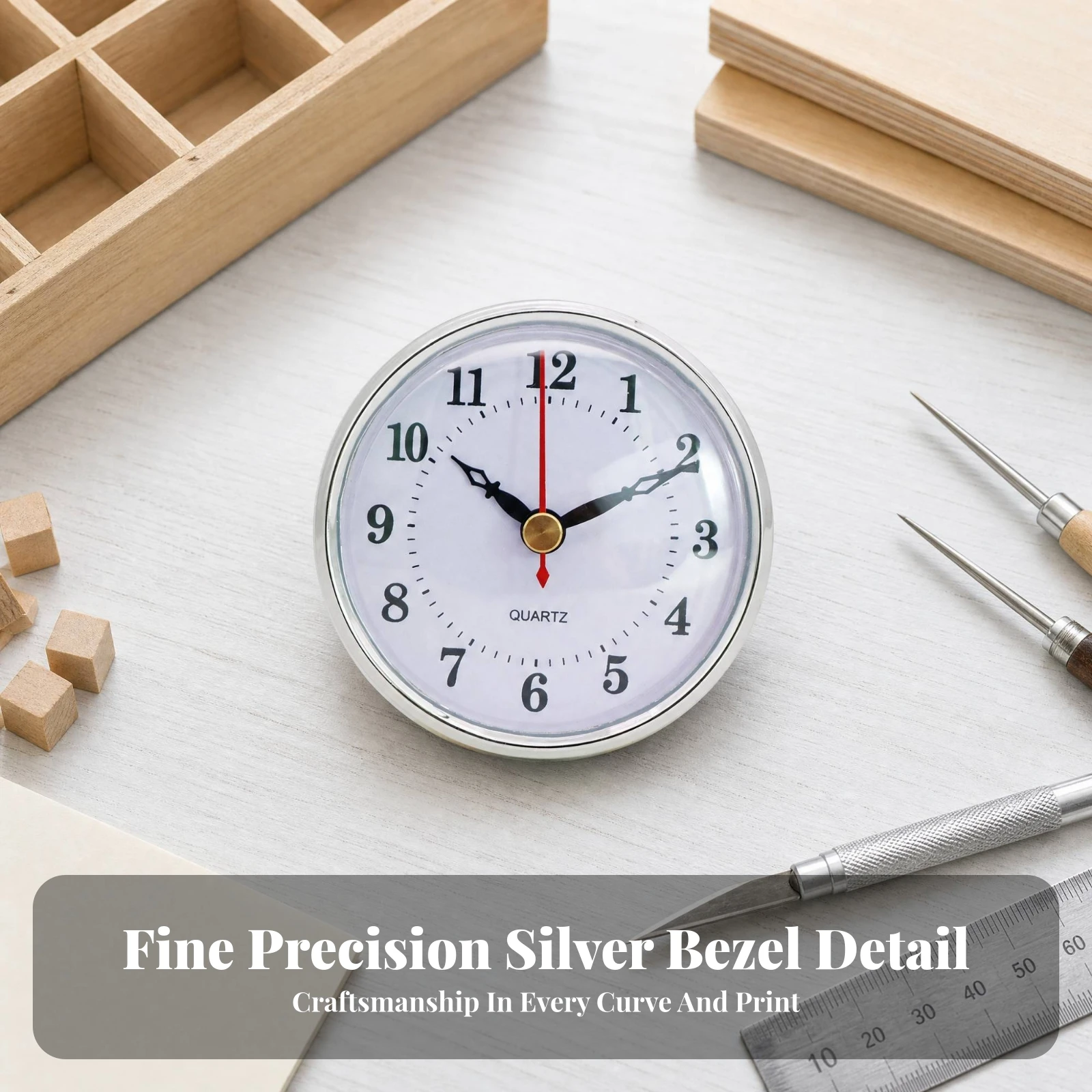 80mm Quartz Clock Movement White Face Quartz Clock Movement Rear-Mounted Silver Bezel for DIY Hobbyists, Furniture Integration