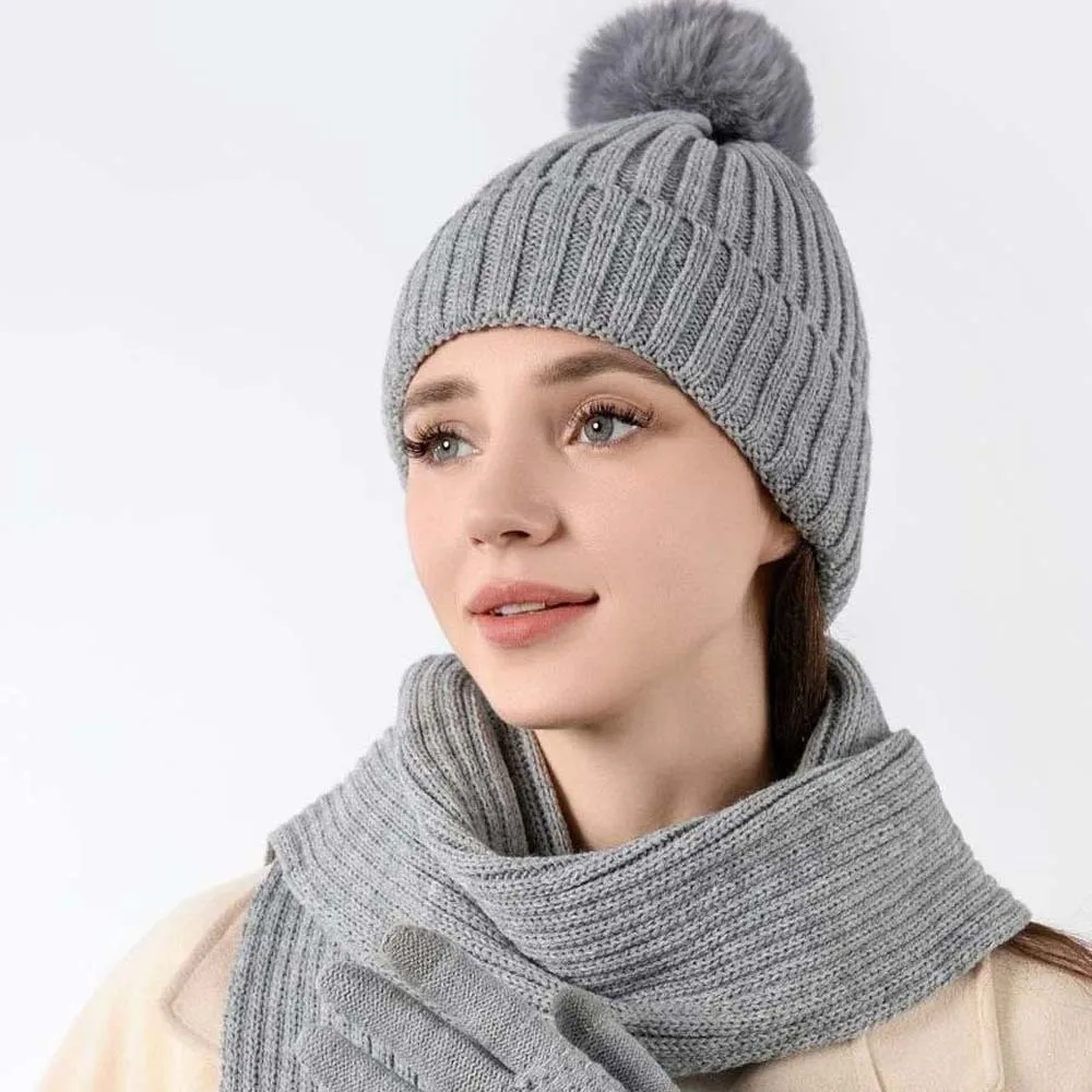 Yarmulke Elastic Scarf and Hat Set Touch Screen Warmer Mittens Cold Proof Gloves Stripe Plush Ball Knitted Scarf Daily