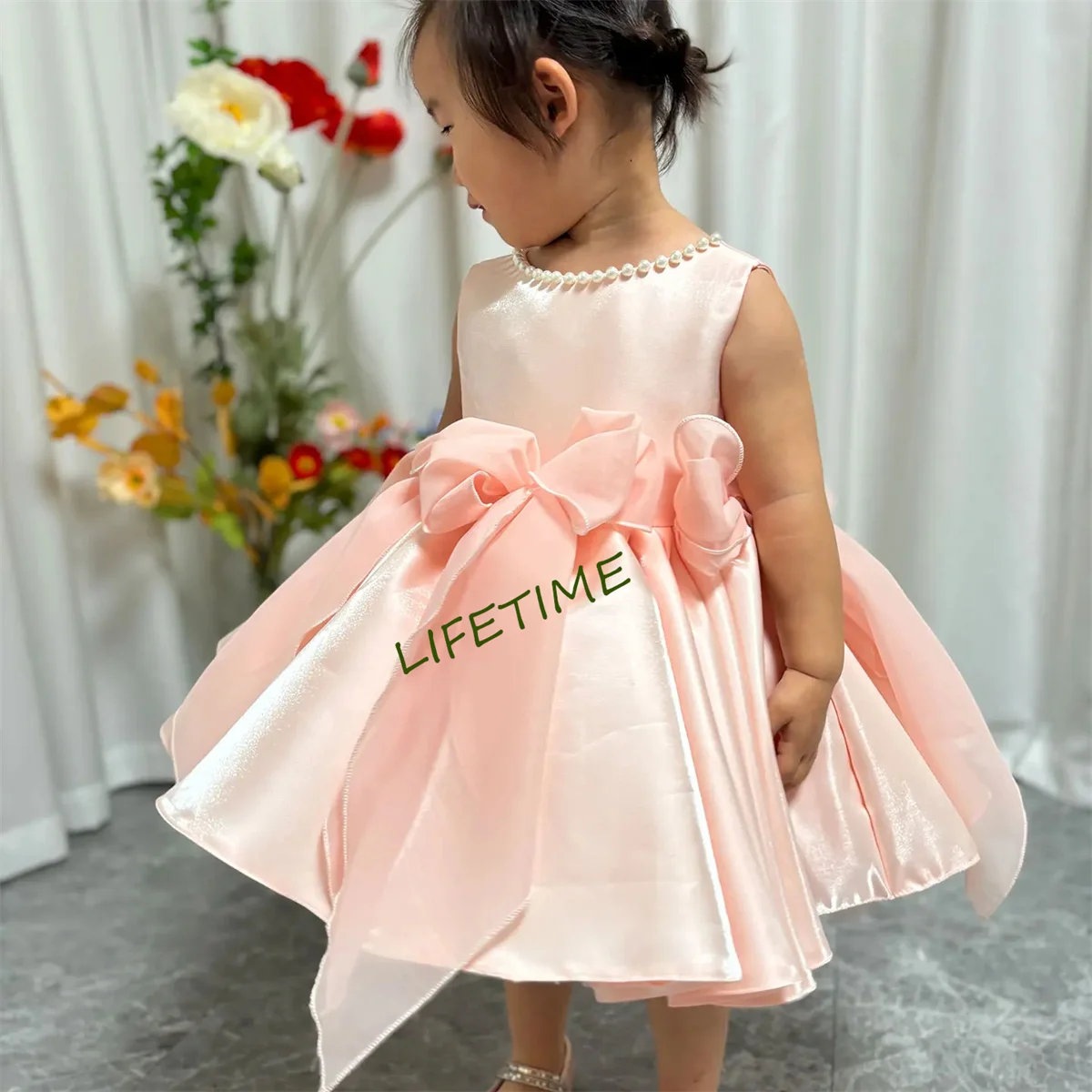 CustomizedElegant Sleeveless Pink Baby Pearls Flower Girl Dress Knee Length Princess Wedding Birthday Party Ball Gown