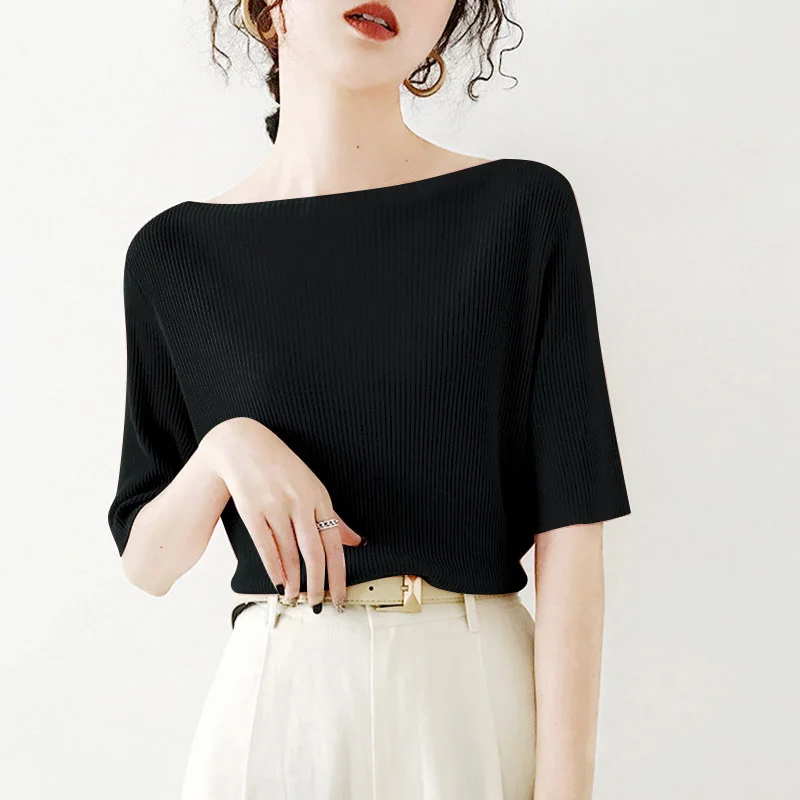 

Women's Knitted Short Sleeve T-Shirt Inner Wear Design Shoulder Baring Top Commute Style Korean Fashion Polyester Fiber