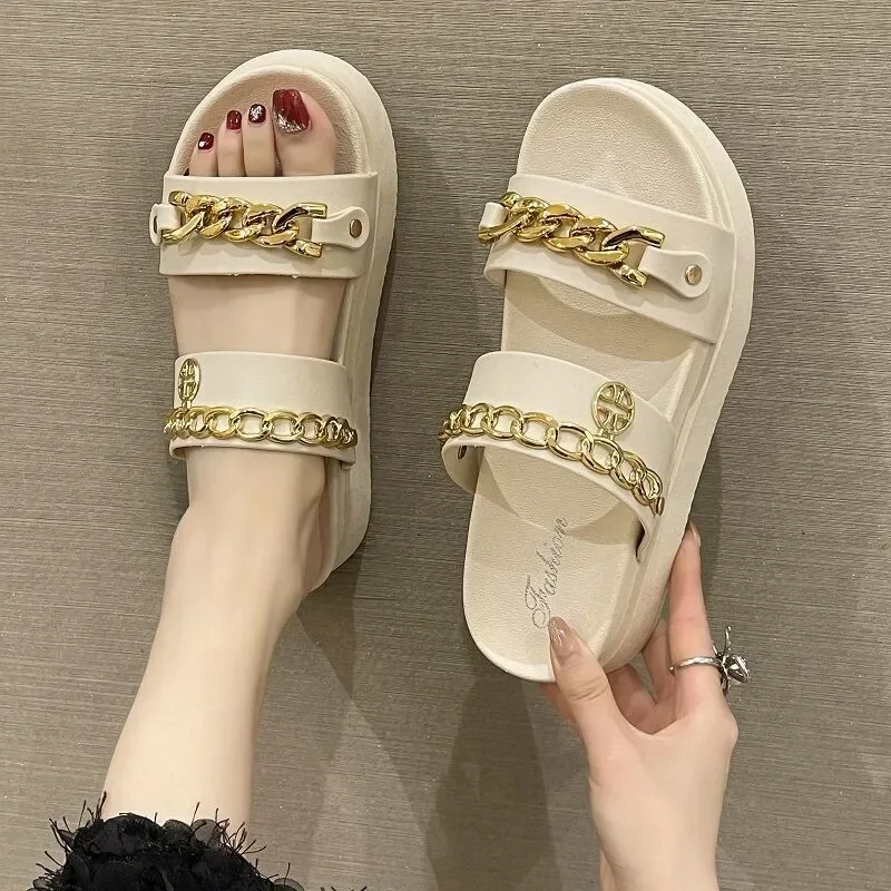 2024 Modern Slippers Double Band Comfortable Women\'s Slippers Retro Gold Chains Summer Shoes for Women Solid Color Flip-flops