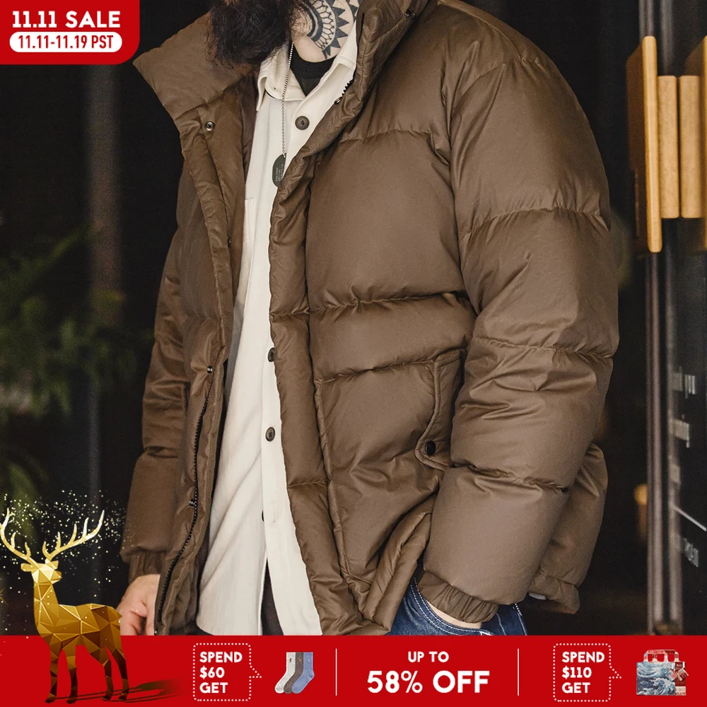 Maden Vintage Waxed Down Jacket for Men Warm Thick Hooded Stand Collar Puffer Coat Outdoor Winter Cold-Proof Outerwear