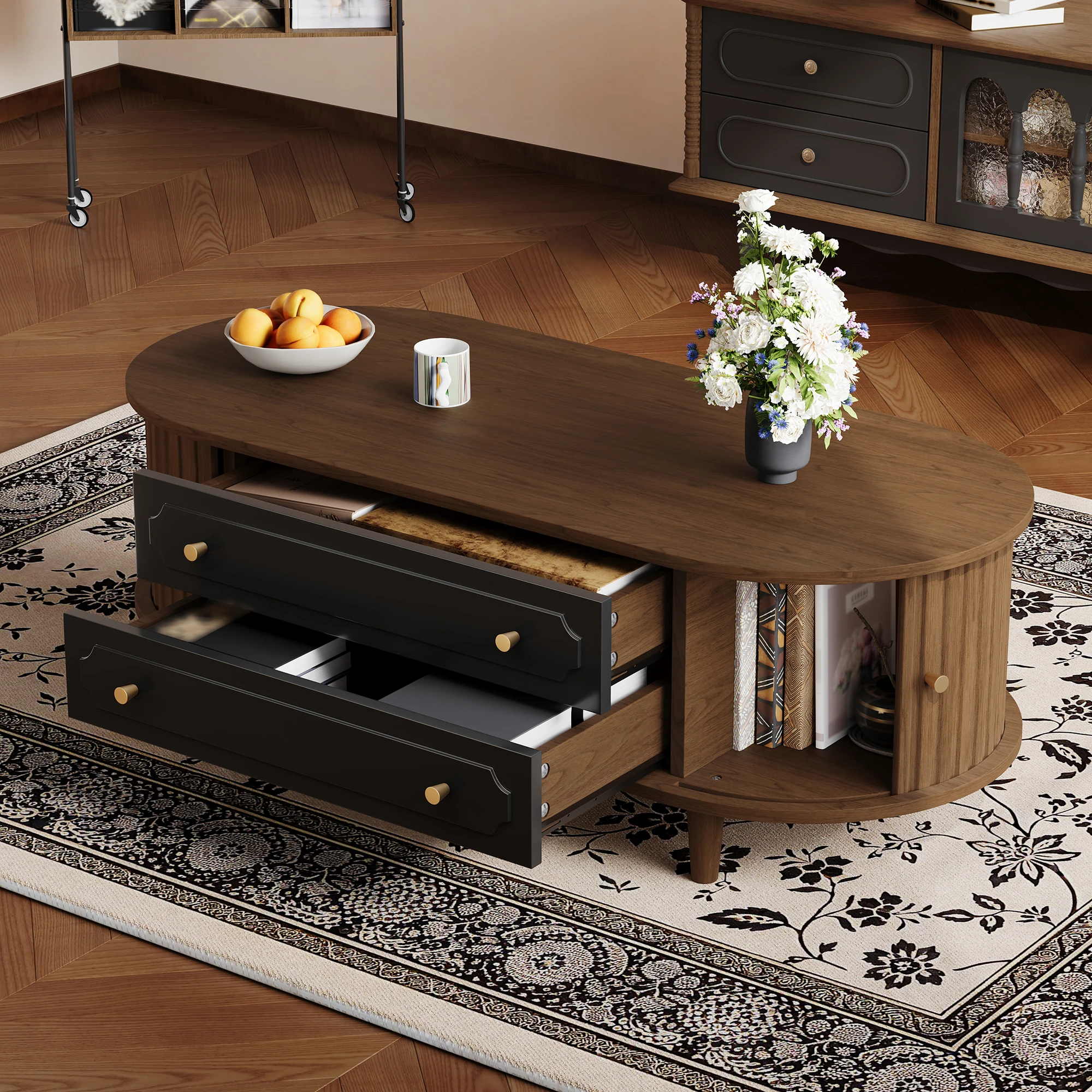 Salontafel walnoot 100x50x36cm, 4 poten, 2 laden + roldeur, Zwart, salon-/bijzettafel