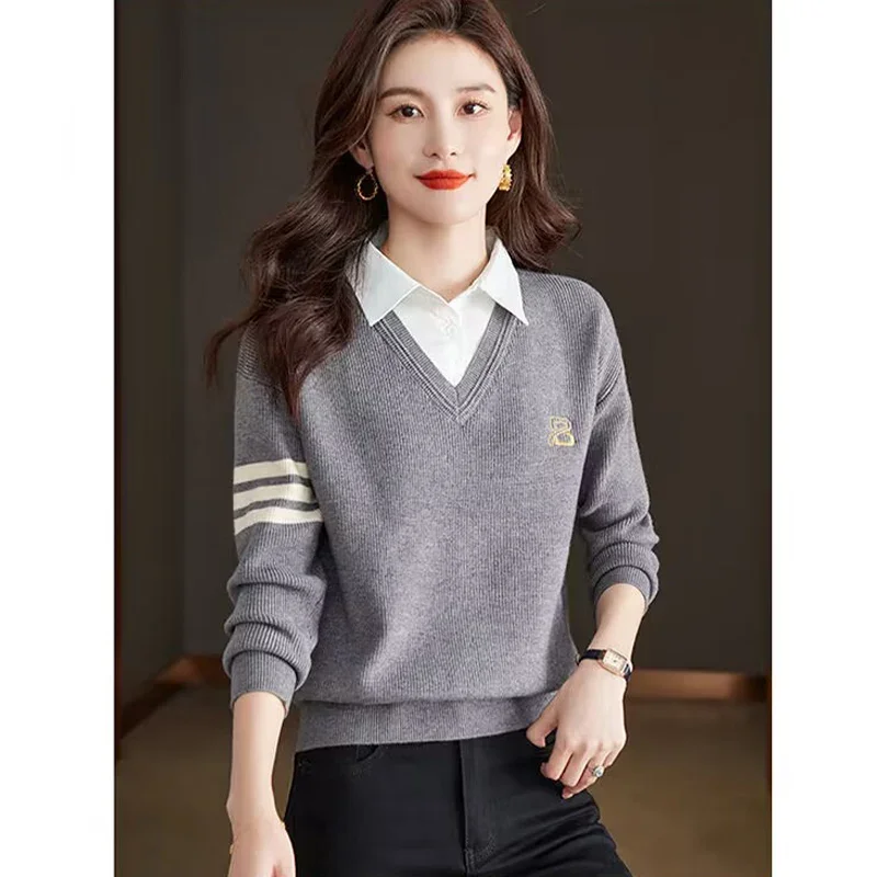 Female Top Casual Solid Chic Loose Sweaters Women Clothing Knitted Spliced Daily Fashion Knitwear Spring Autumn New Jumpers