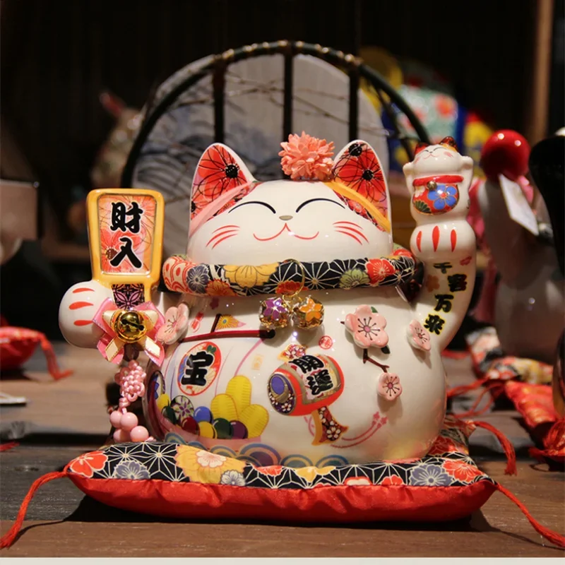 

9 Inch Ceramic Cherry Sakura Lucky Cat Ornament Japanese Cartoon Cat Lucky Piggy Bank Ceramics Money Box Opening Gift Decoration