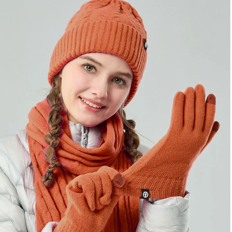 

3pcs Women Winter Long Scarf Beanie Hat Gloves Set Solid Color Fushia Red Yellow Winter Cap Thick Warm Double Layers