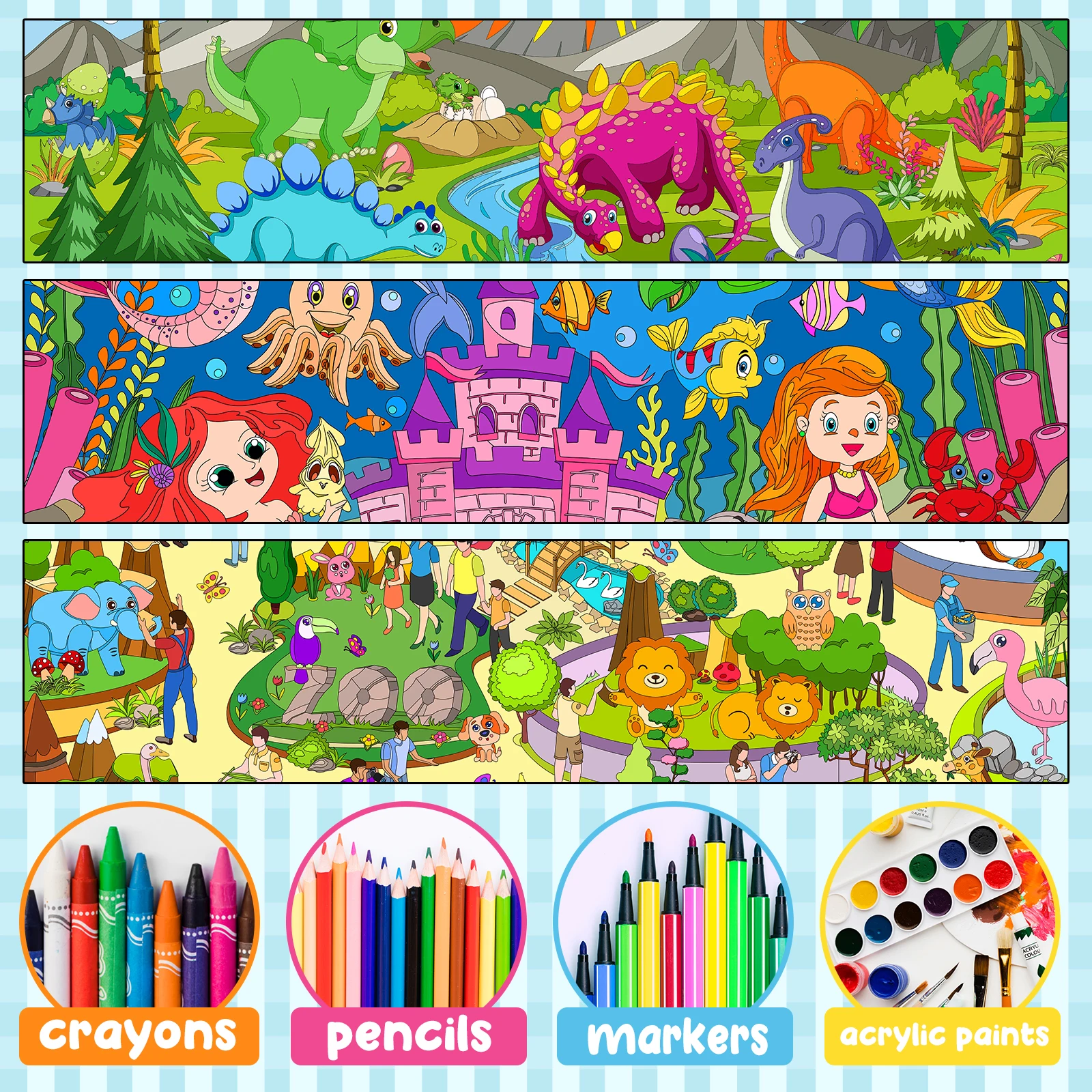 Grande affiche de coloriage pour enfants, grande page de coloriage, bricolage avec dinosaure, sirène, zoo A, 3 paquets