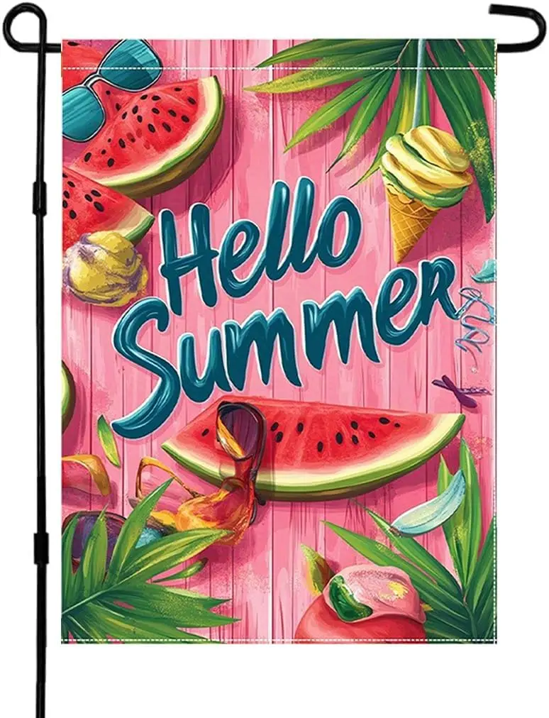 Hello Summer Watermelon Garden Flag 12x18 Inch Double Sided Outside Pink Seasonal Farmhouse Yard Outdoor Flag LLE WWL UUN