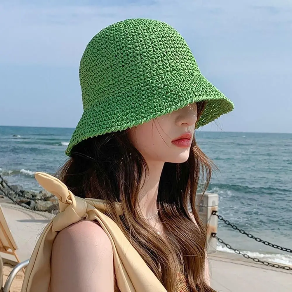 Breathable Straw Bucket Hat Women Wide Brim UV Protection Panama Cap Floppy Foldable Shade Hat