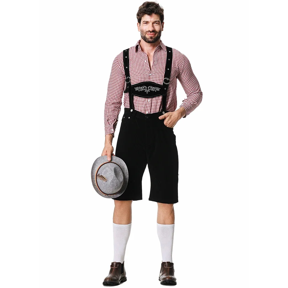 Herren Bayerisches Oktoberfest Lederhosen Kostüm Deutsches Bierfest Hosenträger Strampler Hemd Hut Set Halloween Cosplay Kostüme – Detail 15