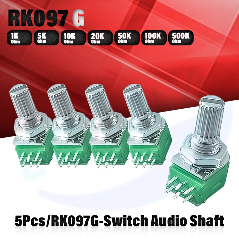 5pcs/lot RK097G 6Pin 5K 10K 20K 50K 100K B5K with a switch audio shaft 15mm amplifier sealing potentiomete