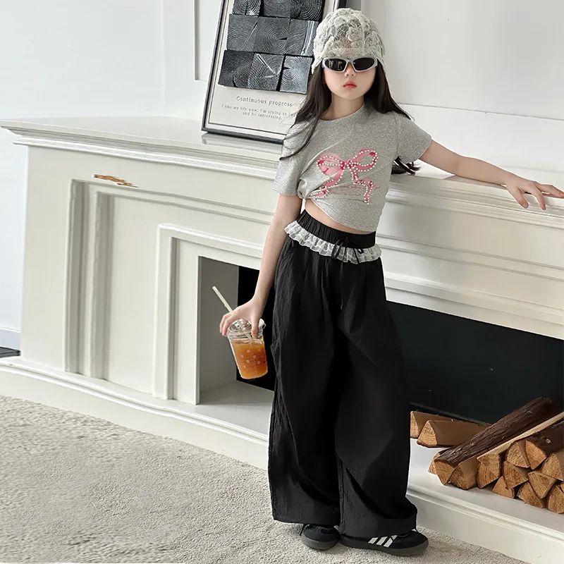 Teenager Girls Hip hop Jazz Street Dance Clothes Set Bow pearl T-shirt+Lace lace Cargo pants 2pcs junior kid suit child outfits