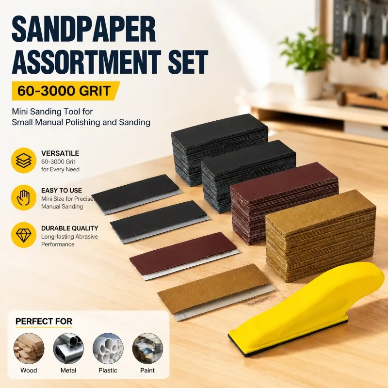 60-3000 Grit Sandpaper Assortment Kit with Mini Hand Sanding Block Wet Dry Abrasive Sheets Portable Manual Polishing Tool