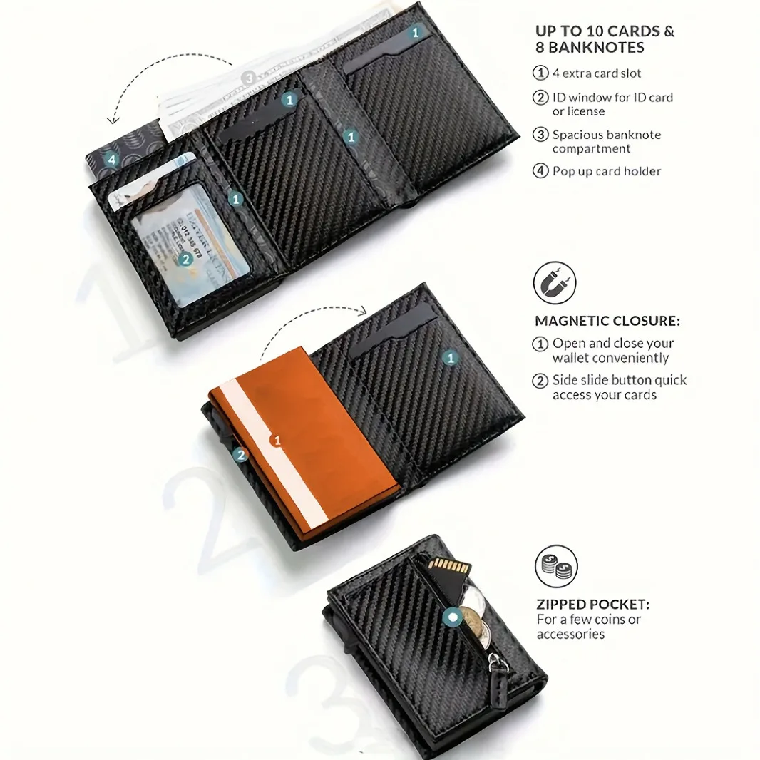 Fashion Pop-Up Card Holder Aluminum Alloy Credit Card Holder RFID Anti-Theft Brush Tri-Fold Men's Wallet Coin Bag