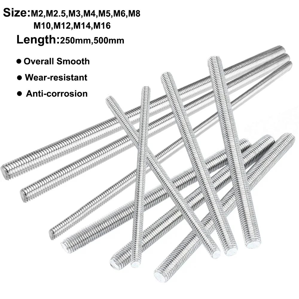 

1pc 304 stainless steel full threaded rod M2-M20 rod stud bolt fastener threaded rod full metric threaded rod length 250mm 500mm